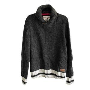 ROOTS CABIN Men’s Wool Shawl Collar Pullover Sweater Elbow Patches Black Grey M
